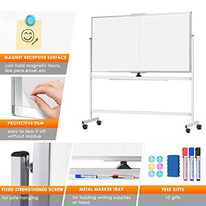 72 x 40 Double Sided Rolling Whiteboard, Mobile Whiteboard Magnetic White Board - Large Reversible Dry Erase Board Easel Standing Board on Wheels with Silver Aluminum Frame and Stand