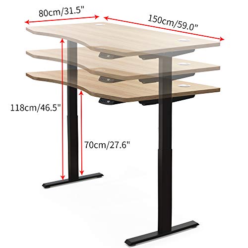 Hi5 Ez Electric Height Adjustable Standing Desk with Ergonomic Contoured Tabletop (59"x 31.50") and Dual Motor Lift System for Home Office Workstation (White Frame, Oak Top)