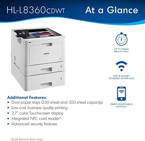Brother Premium L-8360CDWT Series Business Color Laser Printer I Wireless I Mobile Printing I NFC I Auto 2-Sided Printing I 2.7" Color Touchscreen I 33 ppm I 750 Sheets Tray Capacity + Printer Cable