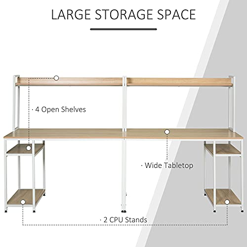 HOMCOM Industrial Double Computer Desk with Hutch and Storage Shelves, Extra Long Home Office Writing Table 2 Person Workstation, CPU Stand, Oak Wood Grain