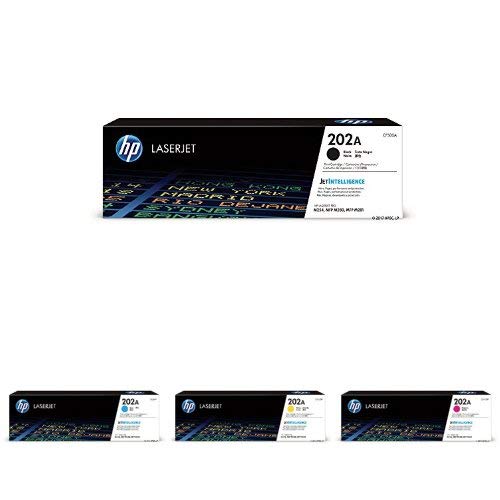 HP 202A Black, Cyan, Magenta, Yellow Toner Cartridges (CF500A, CF501A, CF502A, CF503A) for HP LaserJet Pro M254 M281cdw M281dw, 4 Cartridge Bundle