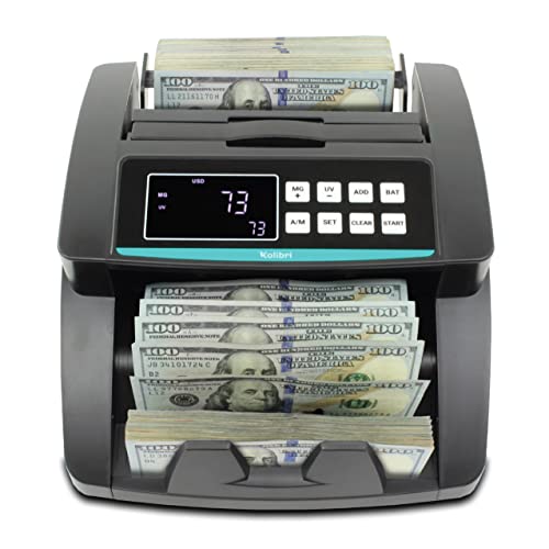 Kolibri Money Counter Machine with UV/MG/IR/DBL/HLF/CHN Counterfeit Detection - US-Based Support, Large LED Display, 1,500 Bills/Min, 1-Year Warranty