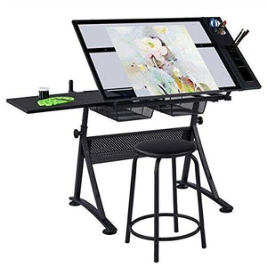 BJYX Glass Adjustable Art Drafting Table Artists Drawing Desk with 2 Drawers & Stool