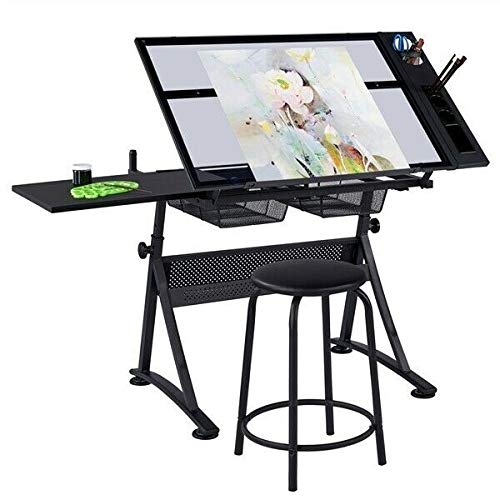 DXXWANG Glass Adjustable Art Drafting Table Artists Drawing Desk with 2 Drawers & Stool