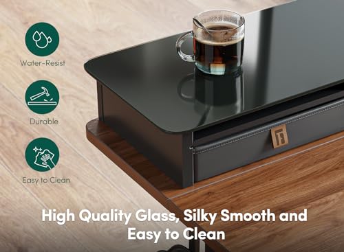 FEZIBO Height Adjustable Glass Electric Standing Desk with Double Drawer, Storage Shelf - 48 x 24 Inch, Black Walnut