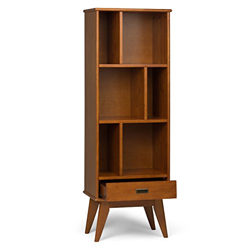Simpli Home 3AXCDRP-12-TK Draper Solid Hardwood 64 inch x 22 inch Mid Century Modern Bookcase and Storage Unit in Teak Brown