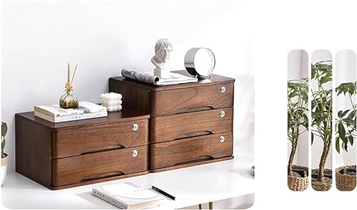 DFANCE Desktop File Cabinet Storage Box with Lockable Drawers, Solid Wood, Office Supplies Organizer (40*28*31cm, Walnut+White)