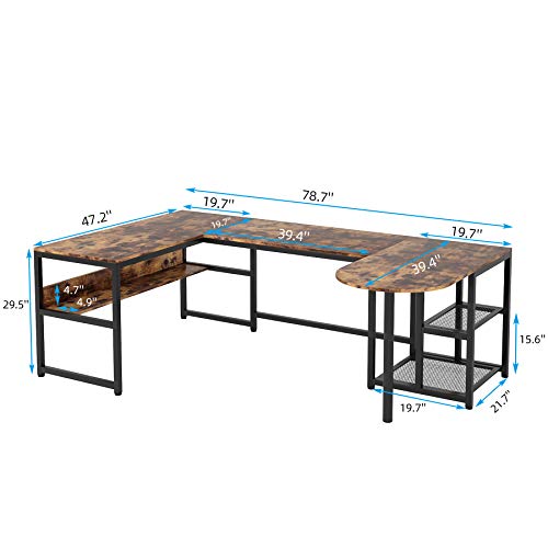 TIYASE U Shaped Desk with Storage Shelves, Large L-Shaped Desk Corner Computer Office Desk with Printer Stand and Bookshelf, Rustic Executive Office Desk Workstation, 78.7 x 47.2 inches