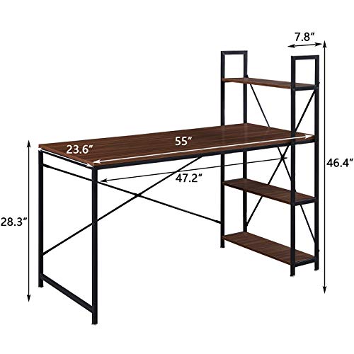 Superjare 55 Inches Computer Desk, Sturdy Home Office Desk for Laptop, Desk with Sided Storage Shelves, Modern Simple Style, Multipurpose Workstation - Brown