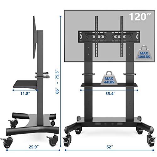 Rfiver Heavy Duty Mobile TV Cart for 60-120 Inch TVs up to 300 lbs, Rolling Stand with Extra Large Shelf, Max VESA 1000x600, Black