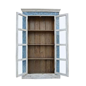 Generic Hand Carved Solid Wood Open Bookcase White/Blue Finish - Boho Indian Cabinet