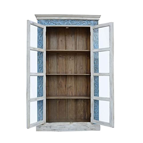 Generic Hand Carved Solid Wood Open Bookcase White/Blue Finish - Boho Indian Cabinet