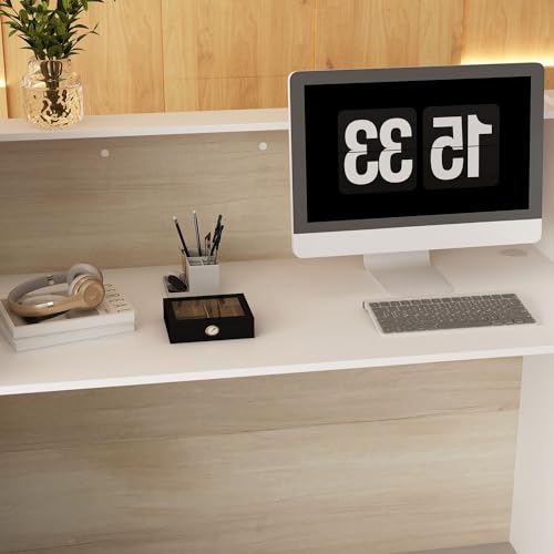 MOUMON Reception Desk Front Counter with Lockers, Adjustable Shelves - Oak/White (70.9”W x 23.6”D x 43.3”H)