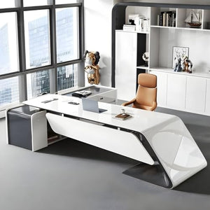KWOKING L-Shape Executive Desk with Drawers & Shelving in White - 71" x 63
