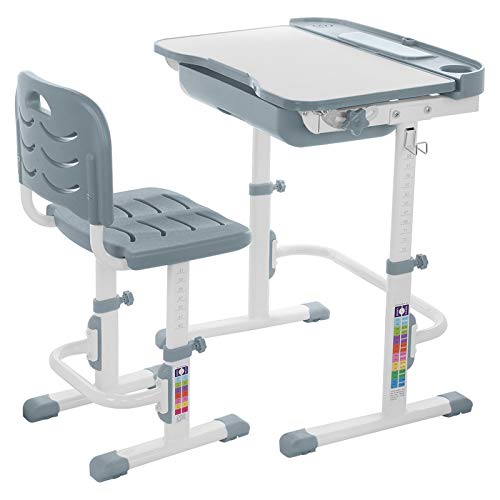 Height Adjustable Children School Study Desk with Tilt Desktop, Kimanli Kids Functional Desk and Chair Set with Bookstand, Metal Hook and Storage Drawer for Reading, Writing Study