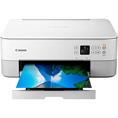Canon PIXMA TS Series All-in-One Color Wireless Bluetooth Inkjet Printer - White - Copier/Printer/Scanner - 13.0 ipm, Auto 2-Sided Printing, Voice-Activated, 1.44" OLED