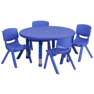 Flash Furniture 33'' Round Blue Plastic Height Adjustable Activity Table Set with 4 Chairs