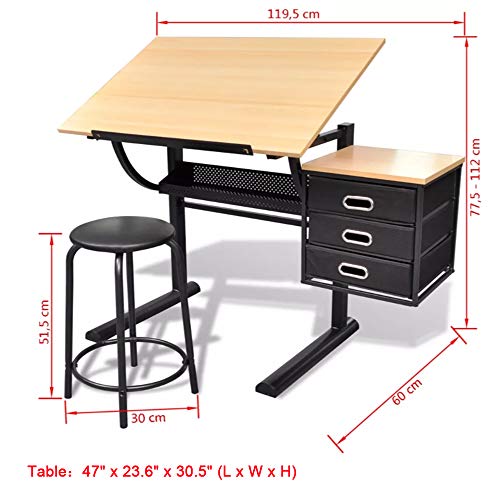 ZAMAX Tiltable Tabletop Drawing Table with Stool for Studying and Technical Drawing, Wooden Draft Draft Desk with Three Drawers Side Cabinets Art Craft Work Station