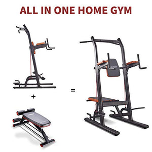 Power Tower Dip Station Multi-Function Pull Up Bar with Bench Adjustable Height Strength Training Exercise Equipment for Home Gym