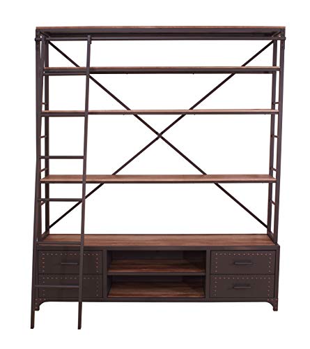 Major-Q 9092433 64" x 29" x 83"H Sandy Gray Finish Industrial Modern Style Ladder Bookshelf with 5 Wooden Shelves 4 Drawers and 2 Open Compartments
