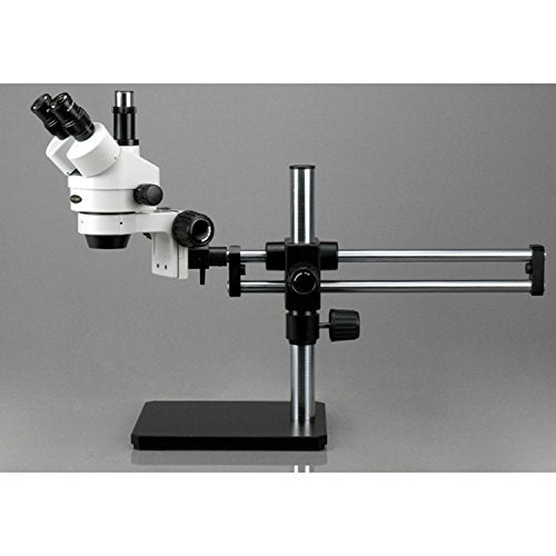 AmScope SM-5TZ-FRL Professional Trinocular Stereo Zoom Microscope, WH10x Eyepieces, 3.5X-90X Magnification, 0.7X-4.5X Zoom Objective, 8W Fluorescent Ring Light, Ball-Bearing Double-Arm Boom Stand, 110V-120V, Includes 0.5X and 2.0X Barlow Lenses