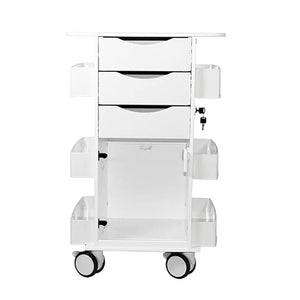 TrippNT Core DX Cart with Smoke Hinged Door - White HDPE, 3 Locking Drawers, Bulk Storage, Dispenser Wings, Shelf Wings