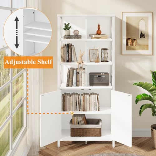 FATORRI Metal and Wood Bookcase with Doors, Tall Cubby Organizer Shelf (White Oak)