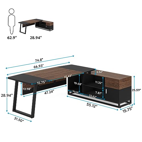 Tribesigns Executive Desk and Lateral File Cabinet Set, L-Shaped Computer Desk with Storage, Walnut/Black