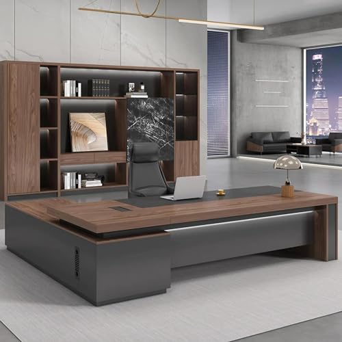 KAGUYASU Modern Wood L-Shape Executive Desk with Led, Cable Management, Brown (63" L x 31.5" W x 29.5" H)
