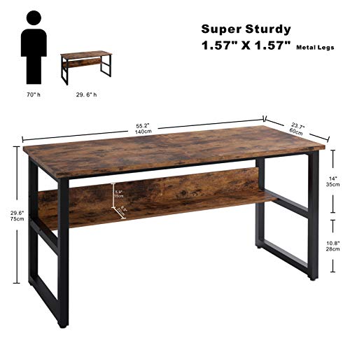 IRONCK Computer Desk 55" with Bookshelf, Office Desk, Writing Desk, Wood and Metal Frame, Industrial Style, Study Table Workstation for Home Office Furniture