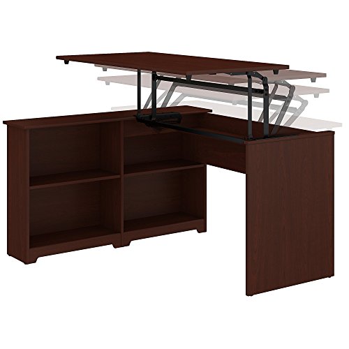 Bush Furniture Cabot 52W 3 Position Sit to Stand Corner Bookshelf Desk in Harvest Cherry