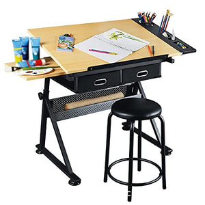 Teerwere Drafting Table Children and Adults Liftable Calligraphy and Painting Drawing Table Double Shelf (Color : Natural, Size : 96X60X68CM)
