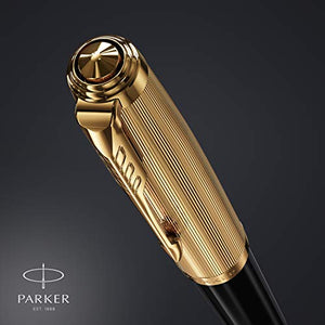 Parker 51 Deluxe Fountain Pen | Black Barrel and Gold Attributes | Medium Nib in 18 Carat Gold | Black Ink Cartridge | Delivered in Gift Box