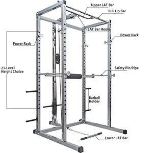V-ambm Multi-Function Strength Training Power Cages Home Gym Equipment Exercise Stand Olympic Squat Cage with LAT Pull-Down and Low Row for Weight Training