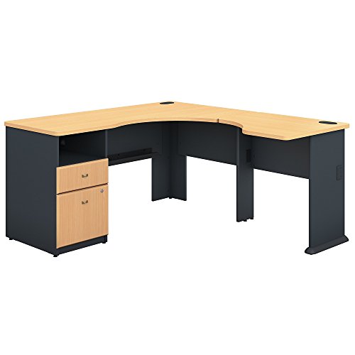 Bush Business Furniture Series A 60W L Shaped Corner Desk with 2 Drawer Pedestal and 30W Bridge in Beech and Slate