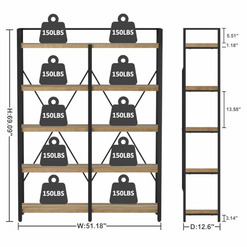 FATORRI Industrial 5 Tier Bookshelf, Rustic Wood Etagere Bookcase