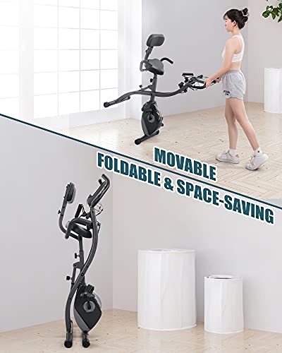 Exercise Bike Folding Stationary Bike Magnetic Recumbent 3-in-1 Cycling Slim Bike with Arm Resistance Bands & LCD Monitor for Men and Women Indoor Outdoor, black, 32 x 19 x 39 inches