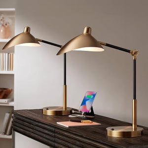 360 Lighting Mid Century Modern Desk Lamps Set of 2 - Black Gold Metal Shade - USB Port - Adjustable LED - 28" Tall