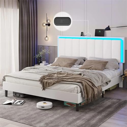 LDCLHG LED Queen Size Leather Upholstered Platform Bed with Adjustable Headboard