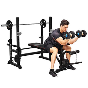 Weight Bench with Weights and Bar Set, Olympic Weight Bench Adjustable Workout Bench Weight-Lifting Bed Exercise Bench with Squat Rack, for Full Body Workout Strength Training Equipment for Home Gym