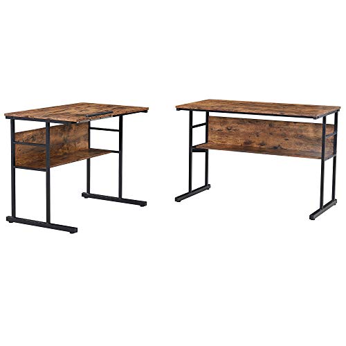 Office L-Shaped Desk with Bottom Bookshelves and CPU Stand, Multi-Function Drafting Drawing Table with Tiltable Desktop for Artist or Student/67 inch