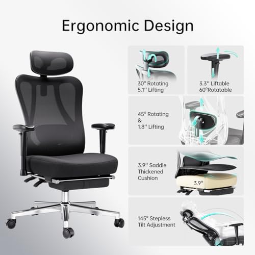 Hbada Ergonomic Office Chair with 2D Adjustable Armrest, Lumbar Support, Tilt Function, Footrest - Black