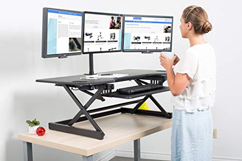 Rocelco 46" Large Height Adjustable Standing Desk Converter with Triple Monitor Mount Bundle | Quick Sit Stand Up Computer Workstation Riser | Retractable Keyboard Tray | Black (R DADRB-46-DM3)