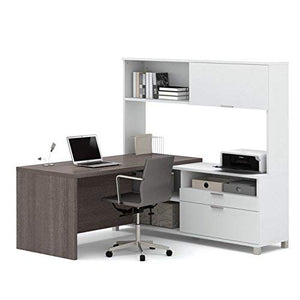 Bestar Pro-Linea L-Desk with Hutch, White/Bark Grey