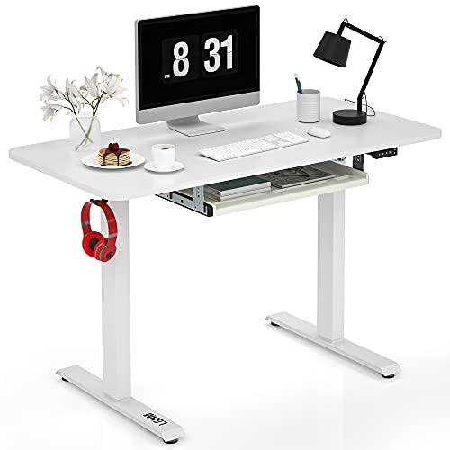 Height Adjustable Desk, Electric Standing Desk with 48'' x 24'' Solid Whole-Piece Desk Board, Sit Stand Desk w/Memory Preset Controller, Stand Up Desk with Keyboard Tray for Home Office (White)