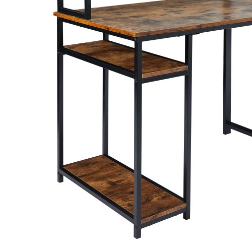 Home Office Double Workstation Desk, Two Person Computer Desk with Storage, Spacious Tabletop, Multifunction Writing Desk with Shelf（Brown）