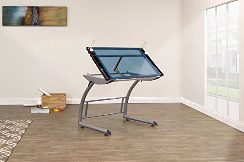Offex Home Triflex Drawing Table, Sit to Stand Up Desk, Silver/Blue Glass