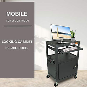 POCHAR Height Adjustable Steel Frame AV Cart with Keyboard Tray, Locking Cabinet, and 5ft 9in Power Strip