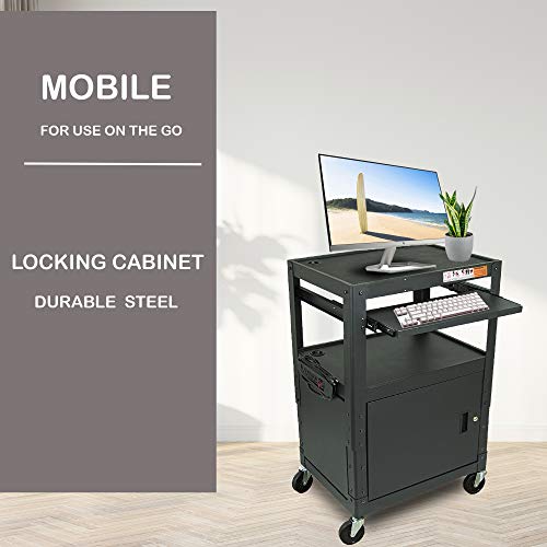POCHAR Height Adjustable Steel Frame AV Cart with Keyboard Tray, Locking Cabinet, and 5ft 9in Power Strip