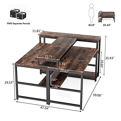 Tribesigns Two Person Desk Double Workstation with Bookshelf,47 x 59 Extra Large Face to Face 2 Person Computer Desk with Monitor Stand Shelf & Storage Shelves, Office Study Table,Rustic & Black